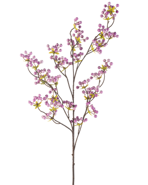 Die künstliche Beerenblume 107 cm lila hat einen einzelnen schlanken Zweig mit mehreren dünnen Stielen, die jeweils mit Büscheln kleiner, runder hellvioletter Beeren und einigen grünen Blättern vor einem schlichten weißen Hintergrund verziert sind.