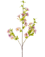 Die künstliche Blume Quisqualis 110 cm lila hat einen langen, schlanken Stiel mit mehreren grünen Blättern und Büscheln zarter hellvioletter Blüten mit einem gelben Herzen auf weißem Hintergrund.