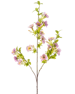 Die künstliche Blume Quisqualis 110 cm lila hat einen langen, schlanken Stiel mit mehreren grünen Blättern und Büscheln zarter hellvioletter Blüten mit einem gelben Herzen auf weißem Hintergrund.