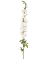 Die künstliche Blume Rittersporn 137 cm weiß ist ein hoher künstlicher Sporenstiel mit mehreren kleinen weißen Blüten entlang der Länge und grünen Blättern an der Basis vor einem schlichten weißen Hintergrund.