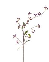 Die künstliche Beerenblume 95 cm lila hat einen einzelnen braunen Stiel mit mehreren Zweigen, verziert mit Trauben lila Beeren und einigen grünen Blättern, perfekt isoliert auf einem weißen Hintergrund.