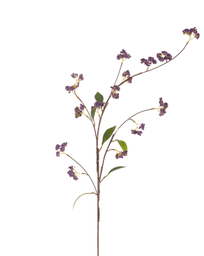 Die künstliche Beerenblume 95 cm lila hat einen einzelnen braunen Stiel mit mehreren Zweigen, verziert mit Trauben lila Beeren und einigen grünen Blättern, perfekt isoliert auf einem weißen Hintergrund.