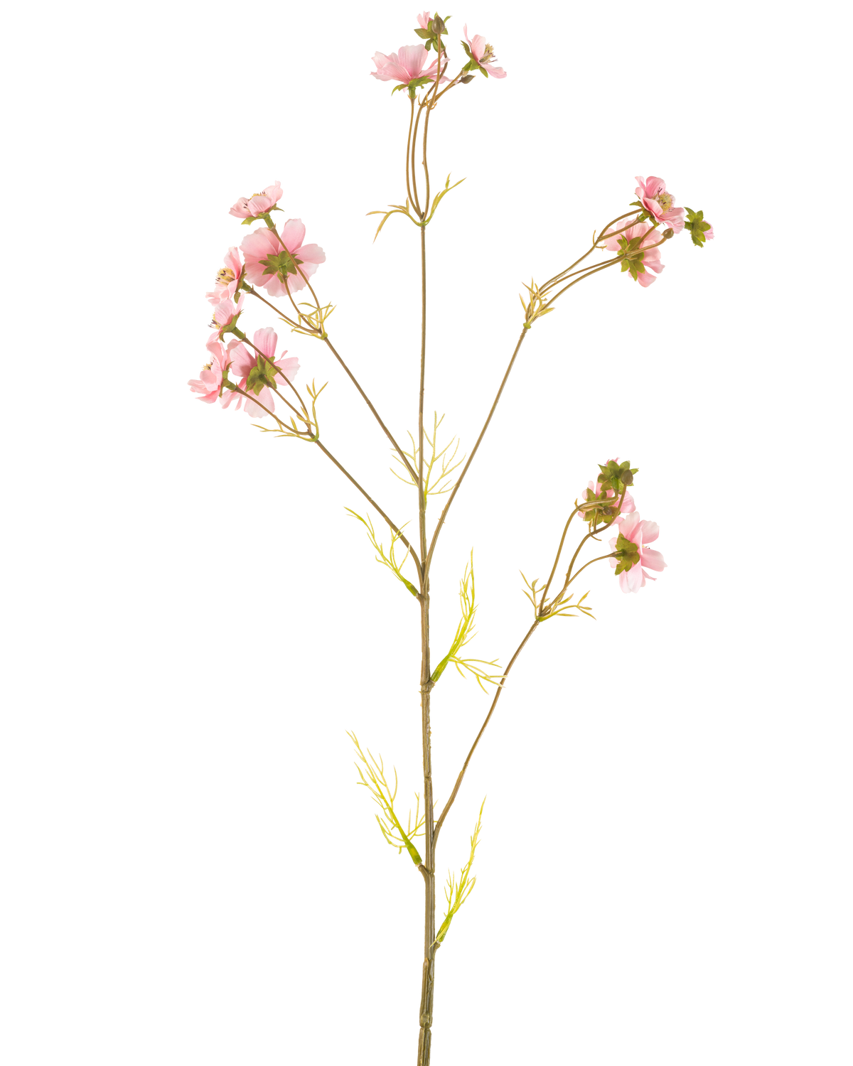 Ein künstlicher Blumenkörbchen in Rosa (95 cm) hat einen einzelnen hohen Stiel mit mehreren dünnen Zweigen, die jeweils mit Büscheln zartrosa Blüten und hellgrünen Blättern vor einem schlichten weißen Hintergrund verziert sind.