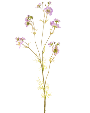 Der künstliche Blumenkörbchen 95 cm lila hat einen zarten Stiel mit mehreren hellvioletten Blüten und kleinen grünen Blättern, die sich wunderschön vor einem schlichten weißen Hintergrund abheben.