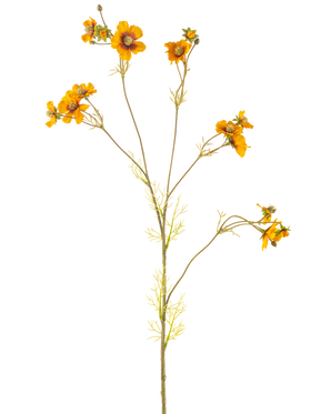 Der künstliche Blumenkörbchen 95 cm gelb hat einen einzelnen hohen Stiel mit dünnen Zweigen, die jeweils mit Büscheln leuchtend orange-gelber Blüten und zartgrünen Blättern vor einem schlichten weißen Hintergrund verziert sind.