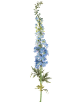 Ein einzelner Stiel der künstlichen Blume Rittersporn, 137 cm, dunkelblau, mit mehreren dunkelblauen künstlichen Blüten und grünen Blättern, die entlang des oberen Stiels und vor einem weißen Hintergrund angeordnet sind.