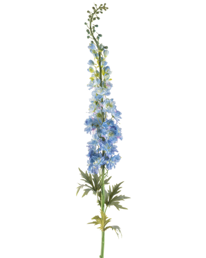Ein einzelner Stiel der künstlichen Blume Rittersporn, 137 cm, dunkelblau, mit mehreren dunkelblauen künstlichen Blüten und grünen Blättern, die entlang des oberen Stiels und vor einem weißen Hintergrund angeordnet sind.