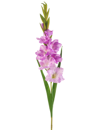 Die künstliche Gladiolenblume 93 cm lila ist ein künstlicher Gladiolenstiel mit hellvioletten und rosa Blüten, grünen Blättern und Knospen vor einem weißen Hintergrund.