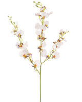 Die künstliche Blumenorchidee 98 cm creme ist ein einzelner künstlicher cremefarbener Orchideenstiel mit mehreren zarten Blüten und mehreren Knospen, mit gelben und violetten Zentren, isoliert auf einem schlichten weißen Hintergrund.