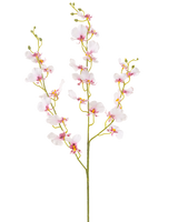 Die künstliche Blumenorchidee 98 cm in Rouge hat einen einzigen langen Stiel mit mehreren zarten hellrosa Orchideenblüten und -knospen, dünnen grünen Zweigen und kleinen ovalen Blättern, alles vor einem schlichten weißen Hintergrund.