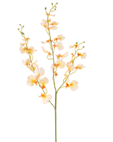Die künstliche Blumenorchidee 98 cm hellgelb hat einen langen grünen Stiel mit mehreren Zweigen und zarten hellgelben Orchideen, jeweils mit einem zarten orangefarbenen und roten Herzen, alles vor einem weißen Hintergrund.