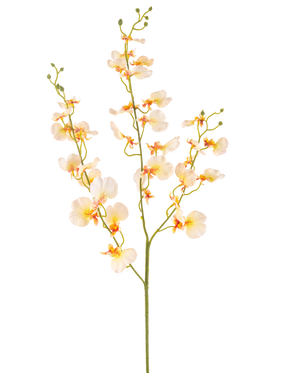 Die künstliche Blumenorchidee 98 cm hellgelb hat einen langen grünen Stiel mit mehreren Zweigen und zarten hellgelben Orchideen, jeweils mit einem zarten orangefarbenen und roten Herzen, alles vor einem weißen Hintergrund.