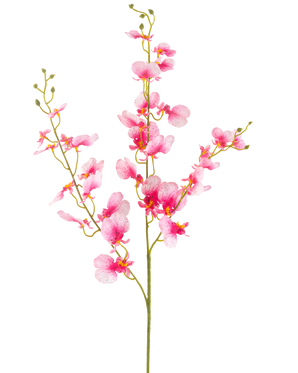 Die künstliche Blumenorchidee 98 cm rosa hat einen einzelnen Stiel mit mehreren Zweigen leuchtend rosa Orchideenblüten, zarten Blütenblättern und grünen Knospen vor einem schlichten weißen Hintergrund.