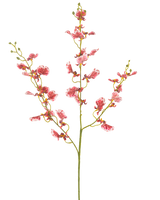 Eine einzelne rote künstliche Blumenorchidee 98 cm mit mehreren Zweigen, jeder mit Büscheln leuchtender Blüten, vor einem schlichten weißen Hintergrund.