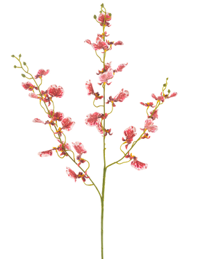 Eine einzelne rote künstliche Blumenorchidee 98 cm mit mehreren Zweigen, jeder mit Büscheln leuchtender Blüten, vor einem schlichten weißen Hintergrund.
