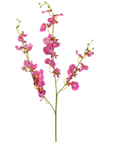 Die künstliche Blumenorchidee 98 cm in Fuchsia hat leuchtend rosa Orchideenblüten und -knospen an langen, schlanken grünen Stielen, die sich wunderschön vor einem weißen Hintergrund abheben.