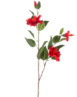 Die Kunstblume Hibiskus 89 cm rot hat einen einzelnen Stiel mit drei leuchtend roten Hibiskusblüten und üppig grünen Blättern vor einem weißen Hintergrund.