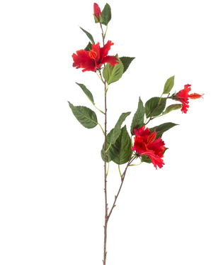 Die Kunstblume Hibiskus 89 cm rot hat einen einzelnen Stiel mit drei leuchtend roten Hibiskusblüten und üppig grünen Blättern vor einem weißen Hintergrund.