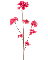 Die künstliche Blume Kirschblüte 85 cm in Fuchsia hat einen einzelnen braunen Stiel mit mehreren Zweigen, die jeweils mit Büscheln leuchtend fuchsiafarbener künstlicher Kirschblüten vor einem schlichten weißen Hintergrund verziert sind.