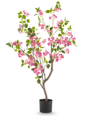 Die künstliche Bougainvillea 120 cm hat mehrere Zweige, grüne Blätter und Büschel leuchtend rosa Blüten vor einem schlichten weißen Hintergrund.