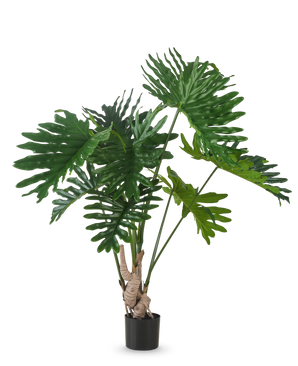 Die Kunstpflanze Philodendron 150 cm hat große, glänzende, tief gelappte grüne Blätter an langen Stielen vor einem schlichten weißen Hintergrund.