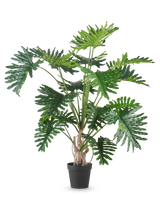 Die Kunstpflanze Philodendron 180 cm hat große, glänzende, tief gelappte grüne Blätter und ist vor einem schlichten weißen Hintergrund abgebildet.