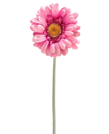 Die künstliche Blume Gerbera 53 cm dunkelrosa ist ein einzelnes dunkelrosa künstliches Gänseblümchen mit einem gelben Herzen auf einem langen grünen Stiel, isoliert auf einem weißen Hintergrund.