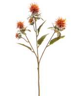 Die künstliche Blumendistel 57 cm altorange hat einen einzelnen Stiel mit drei stacheligen, distelartigen orangefarbenen Blüten und mehreren grünen Blättern, isoliert auf weißem Hintergrund.