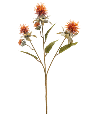 Die künstliche Blumendistel 57 cm altorange hat einen einzelnen Stiel mit drei stacheligen, distelartigen orangefarbenen Blüten und mehreren grünen Blättern, isoliert auf weißem Hintergrund.