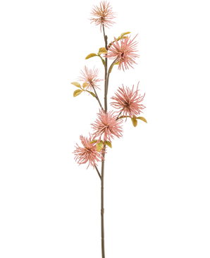 Die Kunstblume Xanthium 53 cm altrosa hat einen langen, schlanken Stiel mit zartrosa Kunstblüten und grün-gelben Blättern vor einem schlichten weißen Hintergrund.
