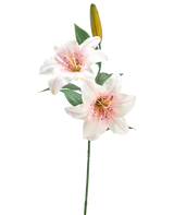 Die künstliche Blumenlilie 66 cm weiß/rosa hat einen einzelnen Stiel mit zwei offenen weißen und rosa Lilien, einer geschlossenen gelben Knospe und grünen Blättern vor einem schlichten weißen Hintergrund.