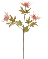 Ein einzelner Stiel einer künstlichen Blumendistel 60 cm orange mit drei orangefarbenen, stacheligen Blüten und mehreren gezackten grünen Blättern, isoliert auf weißem Hintergrund.