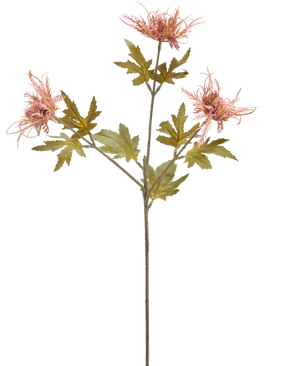 Ein einzelner Stiel einer künstlichen Blumendistel 60 cm orange mit drei orangefarbenen, stacheligen Blüten und mehreren gezackten grünen Blättern, isoliert auf weißem Hintergrund.