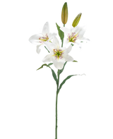 Die künstliche Blumenlilie 78 cm weiß hat einen einzelnen Stiel mit drei offenen weißen Lilienblüten, einem rosa gesprenkelten Herzen, zwei geschlossenen Knospen und grünen Blättern vor einem schlichten weißen Hintergrund.