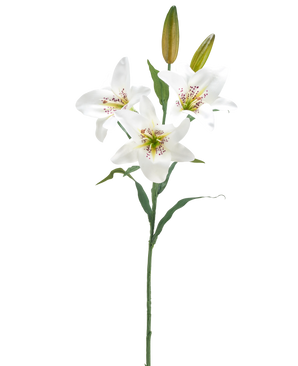 Die künstliche Blumenlilie 78 cm weiß hat einen einzelnen Stiel mit drei offenen weißen Lilienblüten, einem rosa gesprenkelten Herzen, zwei geschlossenen Knospen und grünen Blättern vor einem schlichten weißen Hintergrund.