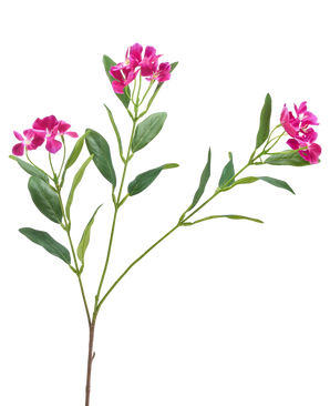 Die künstliche Blume Catharanthus 68 cm lila hat Büschel leuchtend lila Blüten und schlanke grüne Blätter auf weißem Hintergrund.