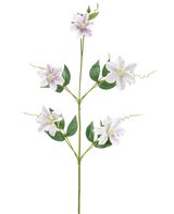 Eine einzelne künstliche Blume Alstroemeria 47 cm rot/lila Stiel mit verschiedenen Zweigen und Blättern, mit fünf rot-lila Blüten mit gelbem Herz, vor einem weißen Hintergrund.