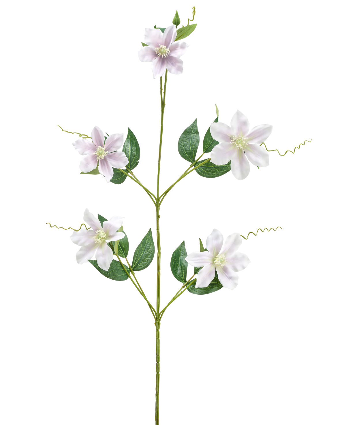 Eine einzelne künstliche Blume Alstroemeria 47 cm rot/lila Stiel mit verschiedenen Zweigen und Blättern, mit fünf rot-lila Blüten mit gelbem Herz, vor einem weißen Hintergrund.