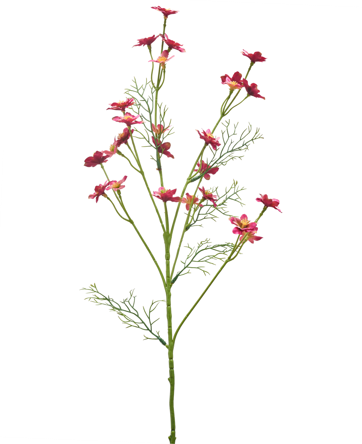 Eine künstliche Wildblume, 68 cm, in Dunkelrosa, mit schlanken grünen Stielen, gefiederten Blättern und mehreren kleinen leuchtend rosa Blüten auf weißem Hintergrund.