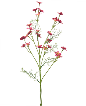 Eine künstliche Wildblume, 68 cm, in Dunkelrosa, mit schlanken grünen Stielen, gefiederten Blättern und mehreren kleinen leuchtend rosa Blüten auf weißem Hintergrund.