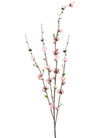 Die künstliche Blumenblüte 93 cm rosa hat drei schlanke braune Zweige mit kleinen blassrosa Blüten und grünen Blättern, die über die Stiele verteilt sind und für einen zarten, luftigen Look vor einem weißen Hintergrund sorgen.