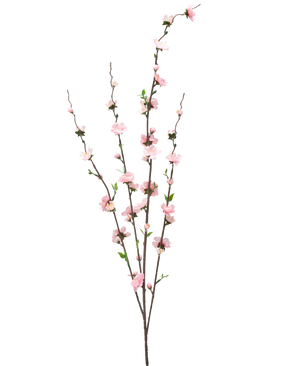 Die künstliche Blumenblüte 93 cm rosa hat drei schlanke braune Zweige mit kleinen blassrosa Blüten und grünen Blättern, die über die Stiele verteilt sind und für einen zarten, luftigen Look vor einem weißen Hintergrund sorgen.