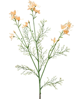 Die Kunstblume Wildes Delphinium 71 cm hellcreme hat einen zarten Kunststiel mit hellcremefarbenen Blüten und feinen, federhellgrünen Blättern vor einem schlichten weißen Hintergrund.