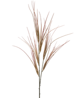 Der künstliche Zweig 104 cm lila hat einen einzelnen, hohen Stiel mit mehreren langen, dünnen, malvenfarbenen und grünen, grasähnlichen Blättern, die sich einzeln auf einem schlichten weißen Hintergrund ausbreiten.