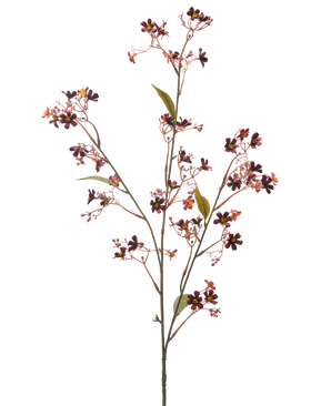 Die Kunstblume Seidelbast 108 cm bordeaux hat einen einzelnen Stiel mit mehreren dünnen Zweigen, kleine dunkelviolette und rosa Blüten mit einem gelben Herzen und ein paar grünen Blättern vor einem schlichten weißen Hintergrund.