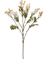 Die künstliche Blume Mini Gänseblümchen 61 cm creme ist ein einzelner künstlicher Blumenstiel mit mehreren Zweigen, grünen Blättern und kleinen cremefarbenen gänseblümchenähnlichen Blüten vor einem schlichten weißen Hintergrund.