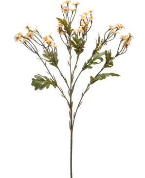 Die künstliche Blume Mini Gänseblümchen 61 cm creme ist ein einzelner künstlicher Blumenstiel mit mehreren Zweigen, grünen Blättern und kleinen cremefarbenen gänseblümchenähnlichen Blüten vor einem schlichten weißen Hintergrund.