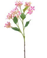 Die künstliche Blumen-Wildhortensie 62 cm rosa hat einen einzelnen Stiel mit mehreren Büscheln kleiner rosa-weißer Blüten und grüner Blätter, isoliert auf weißem Hintergrund.