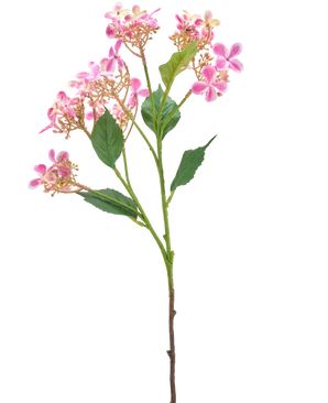 Die künstliche Blumen-Wildhortensie 62 cm rosa hat einen einzelnen Stiel mit mehreren Büscheln kleiner rosa-weißer Blüten und grüner Blätter, isoliert auf weißem Hintergrund.