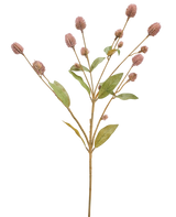 Die künstliche Blume Globosa 69 cm lila ist ein einzelner künstlicher Stiel mit mehreren Zweigen, länglichen grünen Blättern und Büscheln kleiner lila Blütenknospen vor einem weißen Hintergrund.
